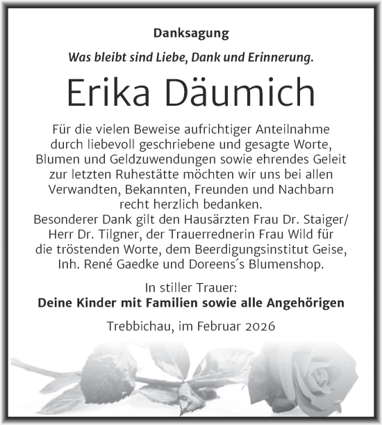 Traueranzeige von Erika Däumich von Trauerkombi Köthen