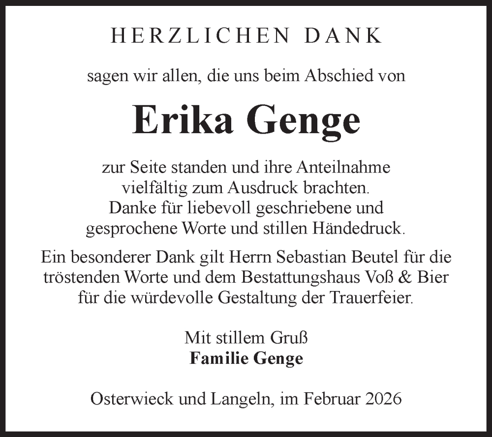  Traueranzeige für Erika Genge vom 07.02.2026 aus Volksstimme Halberstadt