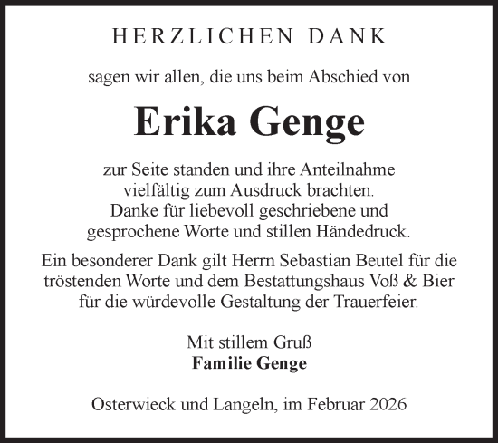 Traueranzeige von Erika Genge von Volksstimme Halberstadt