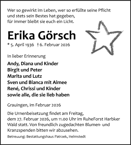 Traueranzeige von Erika Görsch von Volksstimme Haldensleben/Wolmirstedt
