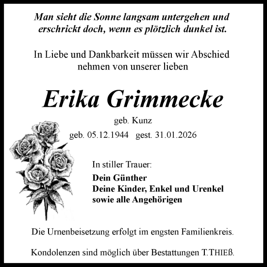 Traueranzeige von Erika Grimmecke von Trauerkombi Quedlinburg