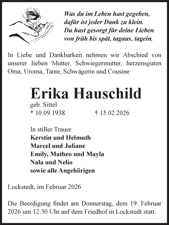 Traueranzeige von Erika Hauschild von Volksstimme Haldensleben/Wolmirstedt