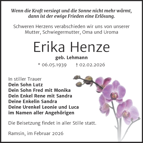 Traueranzeige von Erika Henze von Trauerkombi Bitterfeld