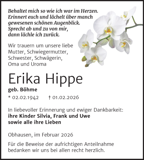 Traueranzeige von Erika Hippe von Trauerkombi Merseburg