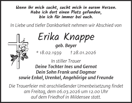 Traueranzeige von Erika Knappe von Trauerkombi Dessau