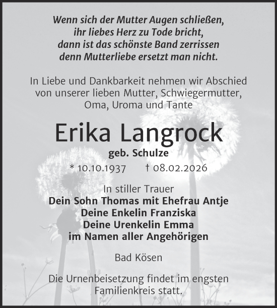 Traueranzeige von Erika Langrock von Naumburger Tageblatt