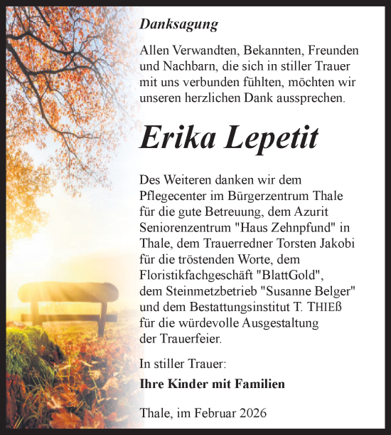 Traueranzeige von Erika Lepetit von Trauerkombi Quedlinburg