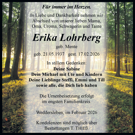 Traueranzeige von Erika Lohrberg von Trauerkombi Quedlinburg