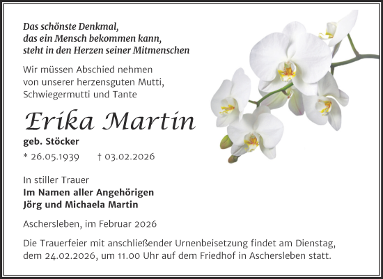 Traueranzeige von Erika Martin von Trauerkombi Aschersleben