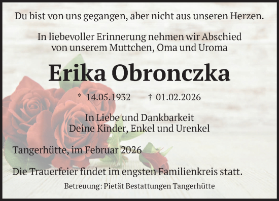 Traueranzeige von Erika Obronczka von Volksstimme Altmark Ost