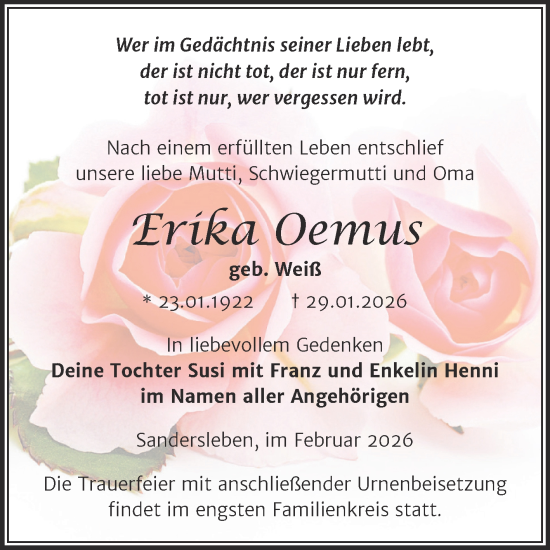 Traueranzeige von Erika Oemus von Trauerkombi Mansfelder Land