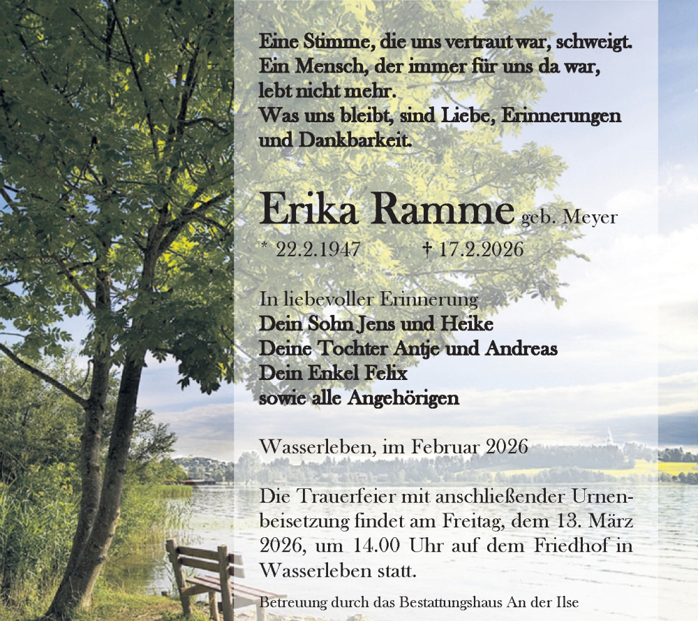  Traueranzeige für Erika Ramme vom 21.02.2026 aus Volksstimme Wernigerode