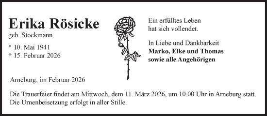 Traueranzeige von Erika Rösicke von Volksstimme Altmark Ost
