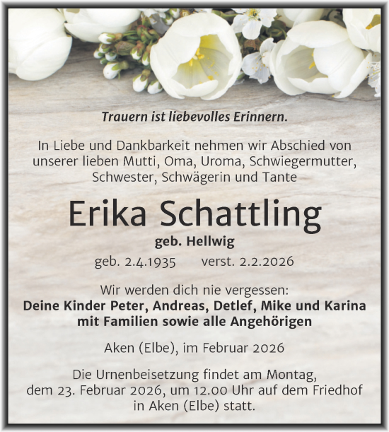 Traueranzeige von Erika Schattling von Trauerkombi Köthen