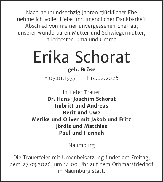 Traueranzeige von Erika Schorat von Super Sonntag Naumburg/Nebra