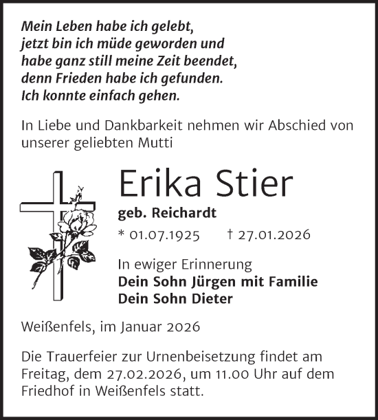 Traueranzeige von Erika Stier von Trauerkombi Weißenfels
