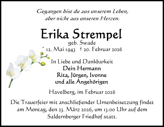 Traueranzeige von Erika Strempel von Volksstimme Altmark Ost