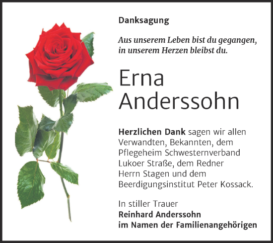Traueranzeige von Erna Anderssohn von Super Sonntag Dessau-Roßlau