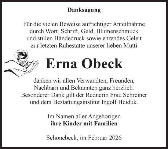 Traueranzeige von Erna Obeck von Volksstimme Schönebeck