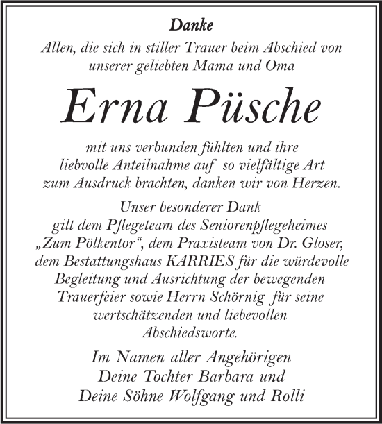 Traueranzeige von Erna Püsche von Trauerkombi Quedlinburg