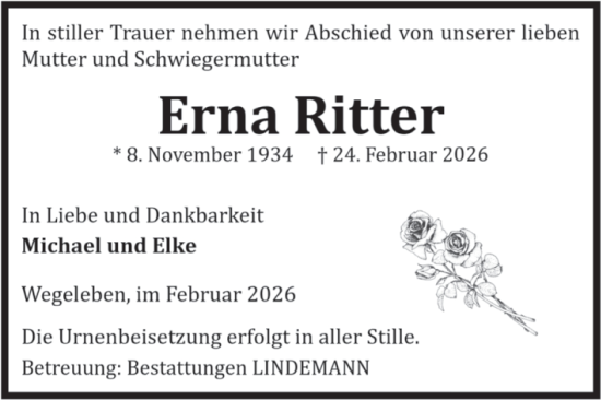 Traueranzeige von Erna Ritter von Volksstimme Halberstadt