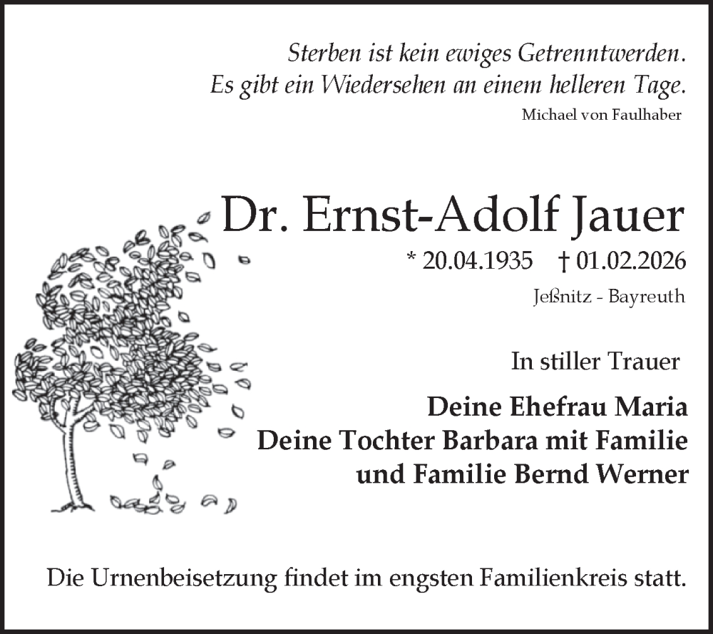  Traueranzeige für Ernst-Adolf Jauer vom 07.02.2026 aus Mitteldeutsche Zeitung Bitterfeld