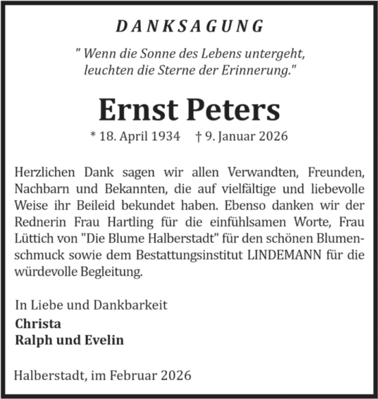 Traueranzeige von Ernst Peters von Volksstimme Halberstadt