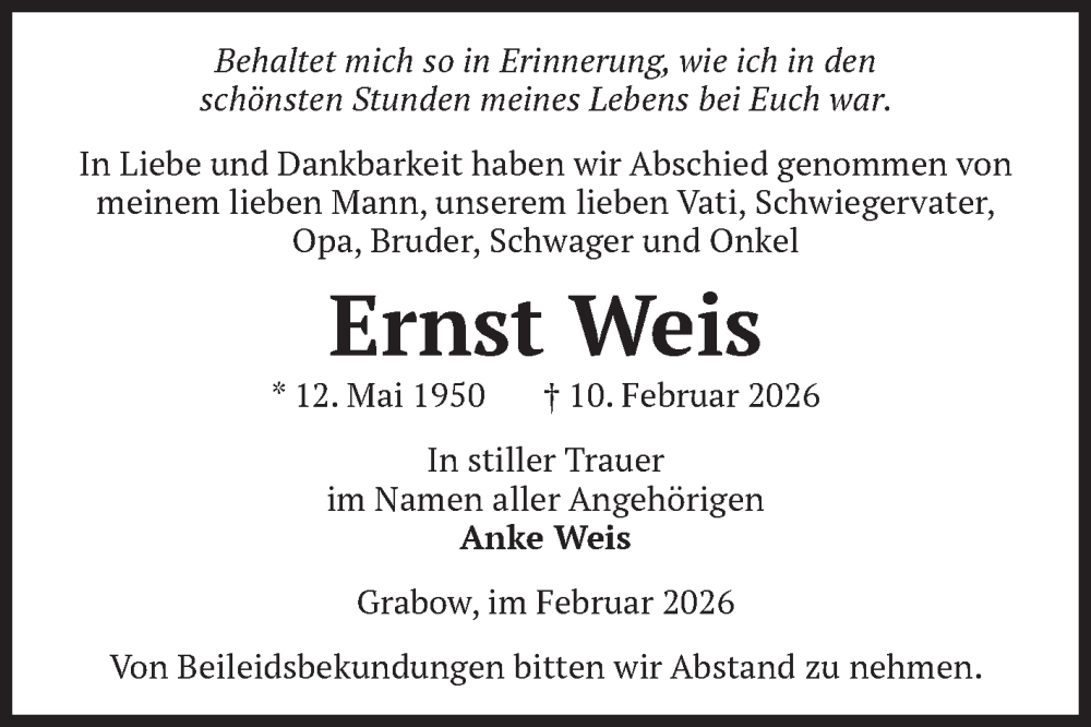  Traueranzeige für Ernst Weis vom 28.02.2026 aus Volksstimme Burg/Genthin