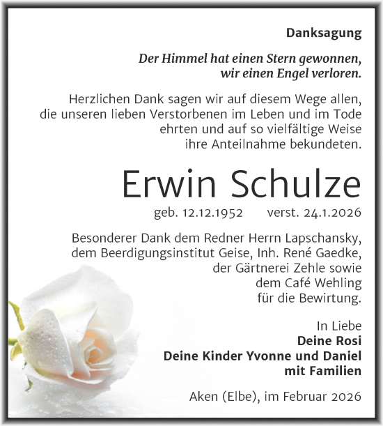 Traueranzeige von Erwin Schulze von Trauerkombi Köthen