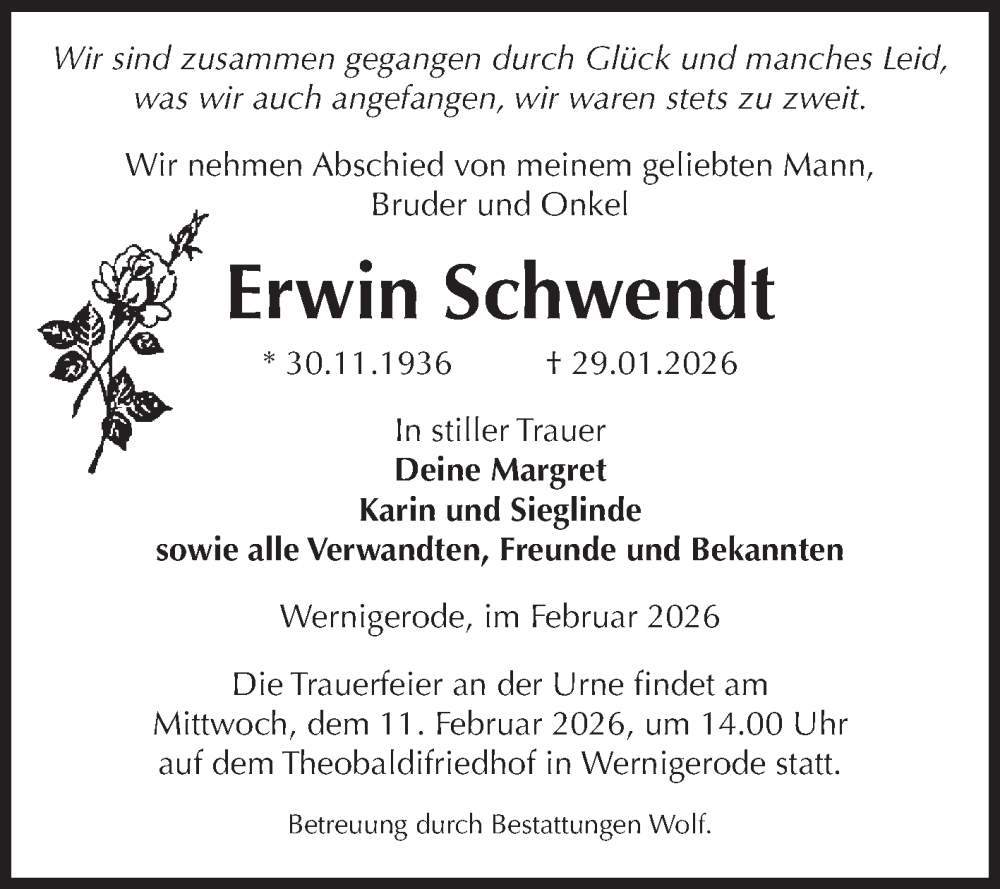  Traueranzeige für Erwin Schwendt vom 07.02.2026 aus Volksstimme Wernigerode