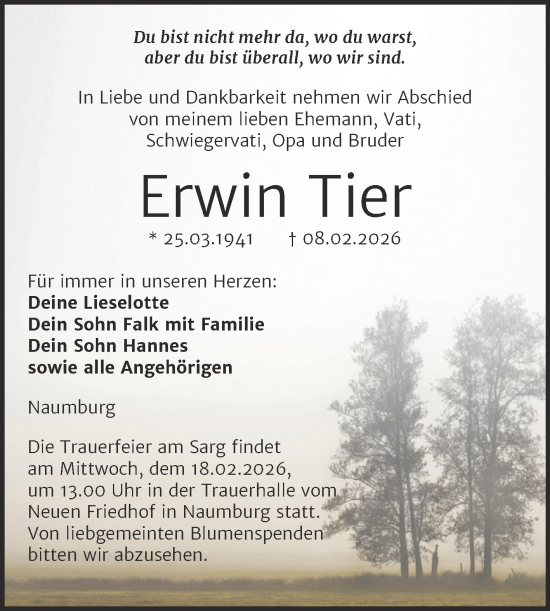 Traueranzeige von Erwin Tier von Super Sonntag Naumburg/Nebra