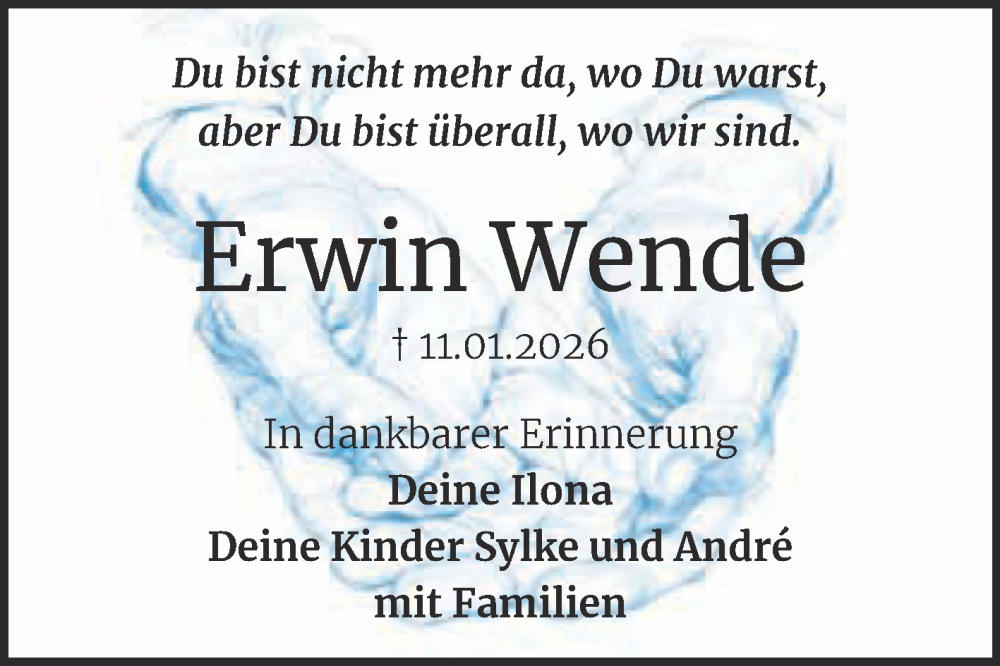  Traueranzeige für Erwin Wende vom 07.02.2026 aus Trauerkombi Köthen