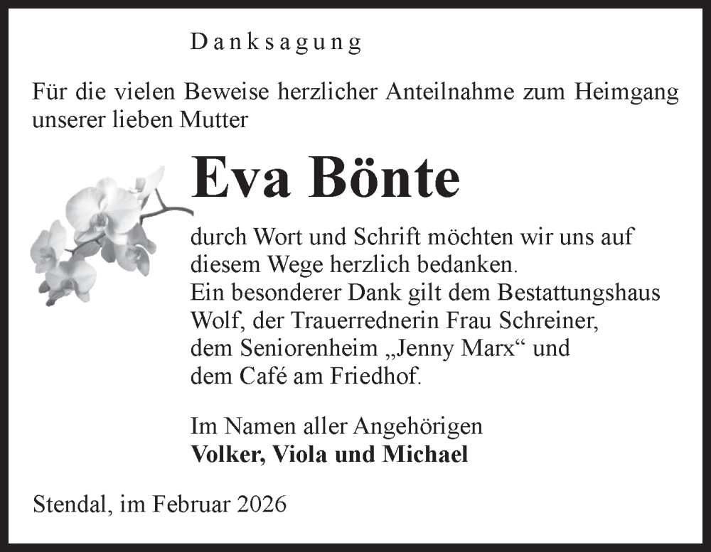  Traueranzeige für Eva Bönte vom 14.02.2026 aus Volksstimme Altmark Ost