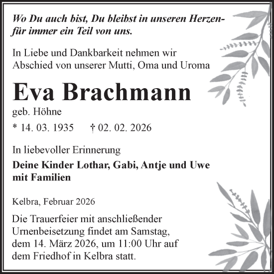 Traueranzeige von Eva Brachmann von Trauerkombi Sangerhausen