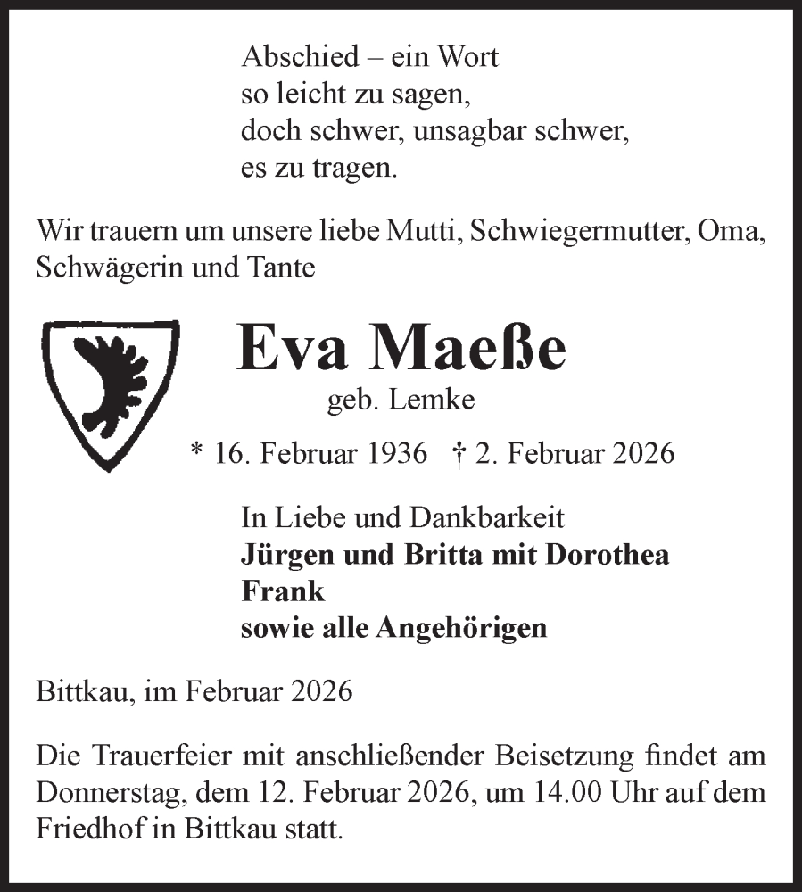  Traueranzeige für Eva Maeße vom 07.02.2026 aus Volksstimme Altmark Ost