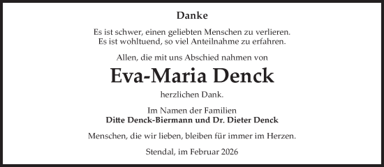 Traueranzeige von Eva-Maria Denck von Volksstimme Altmark Ost