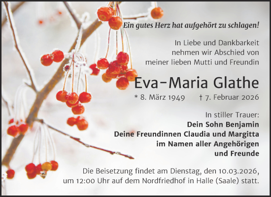 Traueranzeige von Eva-Maria Glathe von Mitteldeutsche Zeitung Halle/Saalkreis