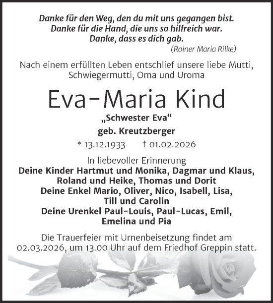 Traueranzeige von Eva-Maria Kind von Trauerkombi Bitterfeld