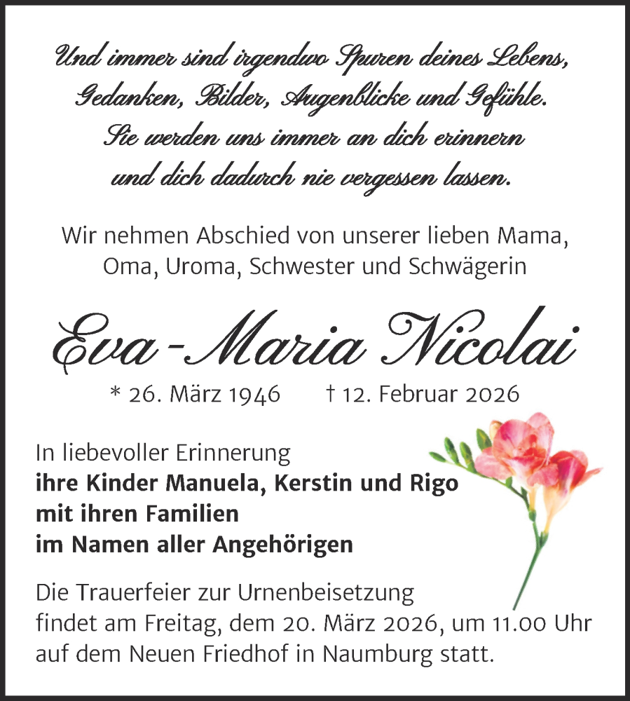  Traueranzeige für Eva-Maria Nicolai vom 21.02.2026 aus Naumburger Tageblatt