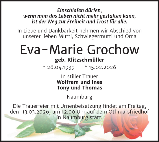 Traueranzeige von Eva-Marie Grochow von Naumburger Tageblatt