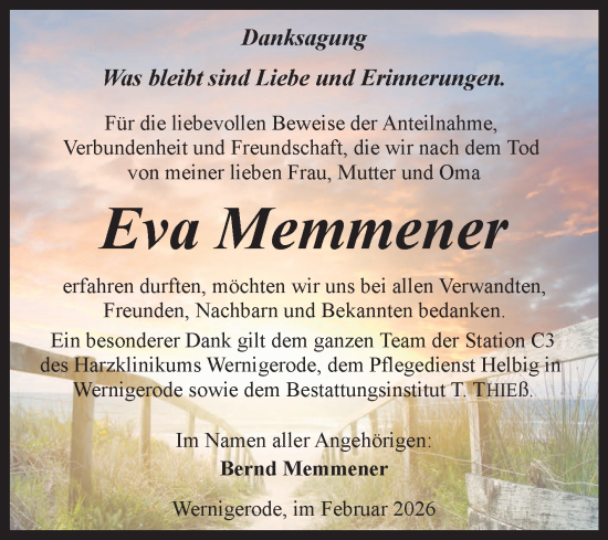 Traueranzeige von Eva Memmener von Volksstimme Wernigerode
