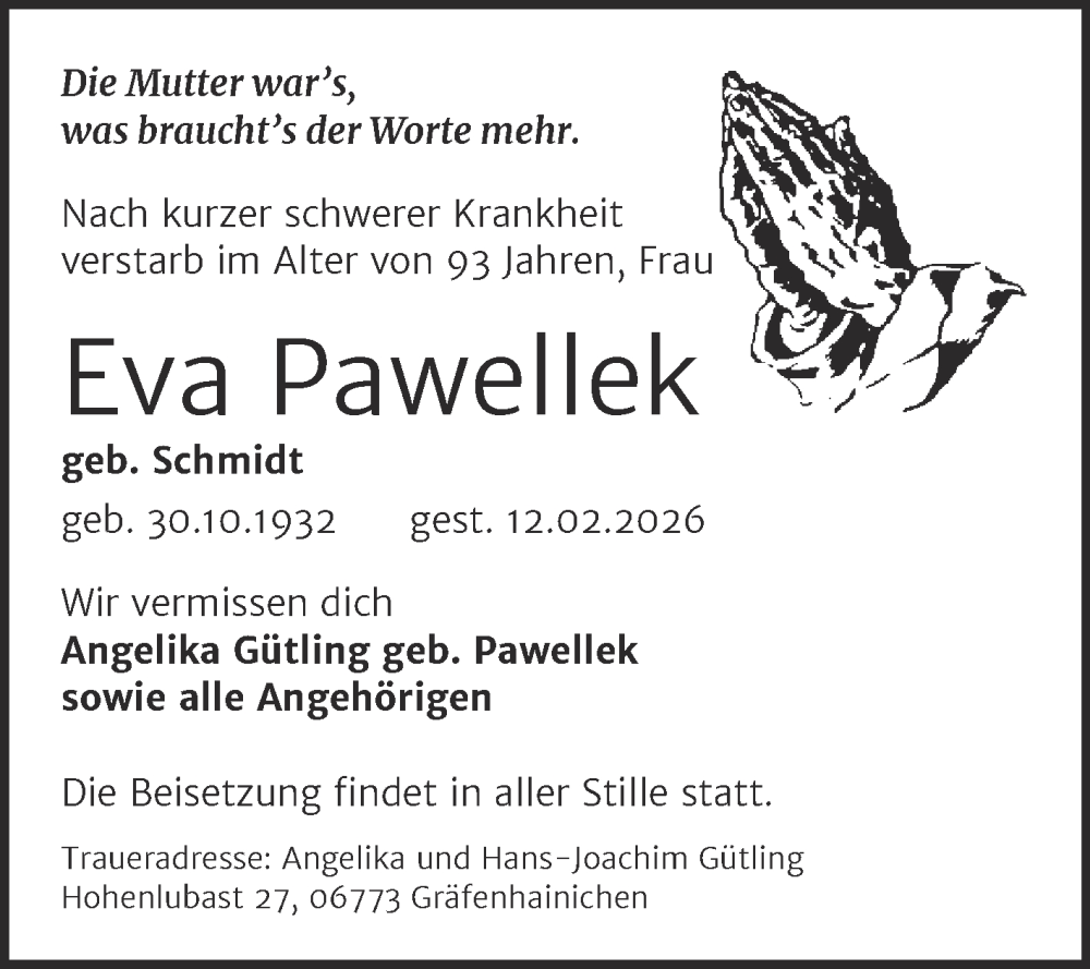  Traueranzeige für Eva Pawellek vom 21.02.2026 aus Volksstimme Haldensleben/Wolmirstedt