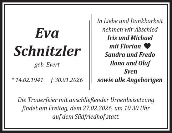 Traueranzeige von Eva Schnitzler von Volksstimme Magdeburg