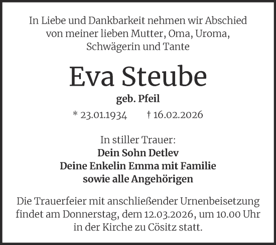 Traueranzeige von Eva Steube von Trauerkombi Köthen
