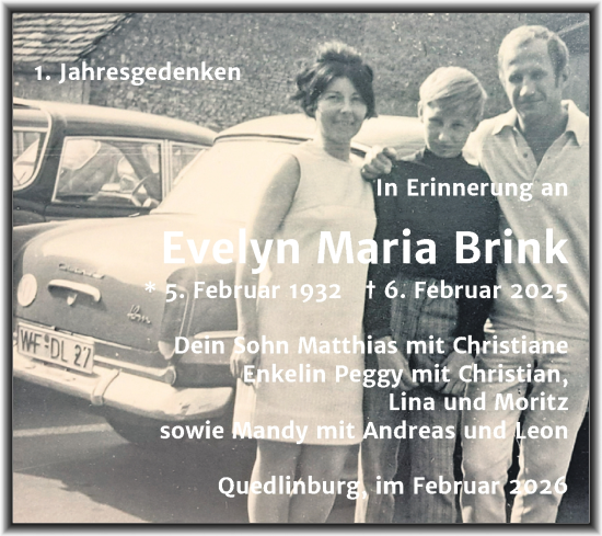 Traueranzeige von Evelyn Maria Brink von Trauerkombi Quedlinburg