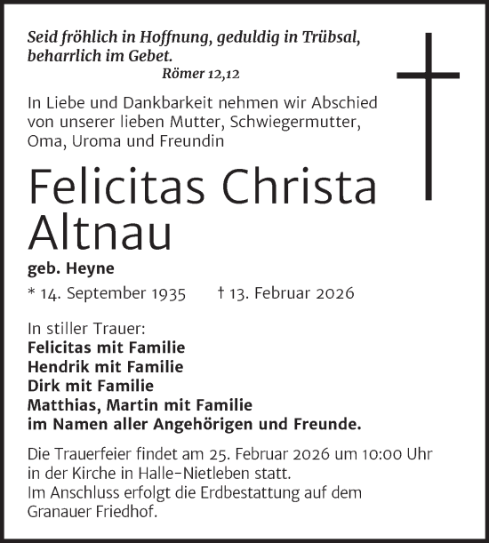 Traueranzeige von Felicitas Christa Altnau von Mitteldeutsche Zeitung Halle/Saalkreis