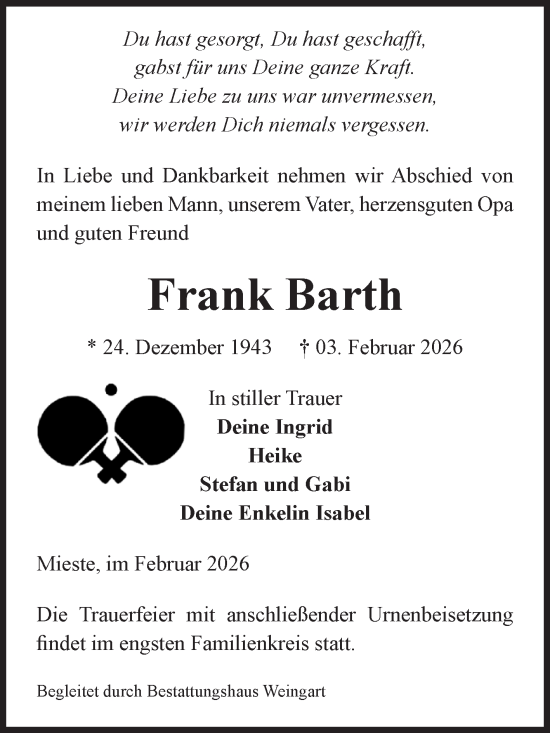 Traueranzeige von Frank Barth von Volksstimme Altmark West