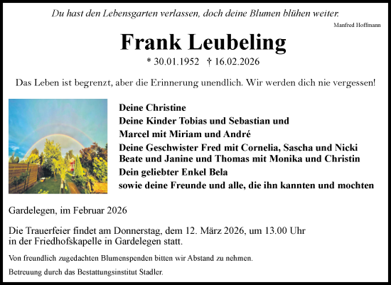 Traueranzeige von Frank Leubeling von Volksstimme Altmark Ost