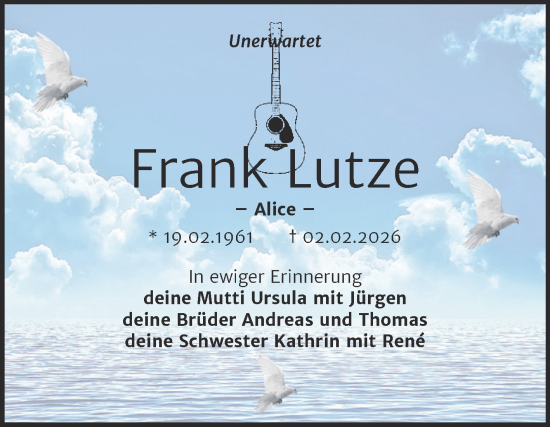 Traueranzeige von Frank Lutze von Trauerkombi Wittenberg