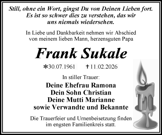 Traueranzeige von Frank Sukale von Trauerkombi Wittenberg